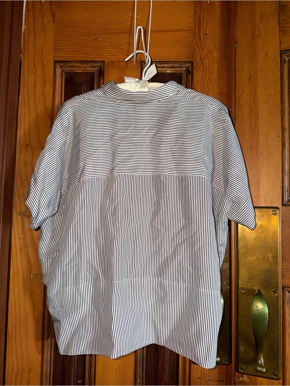 Everlane White and Navy Vertical-Stripe Short Sleeve Button-Up - Picture 2 of 3